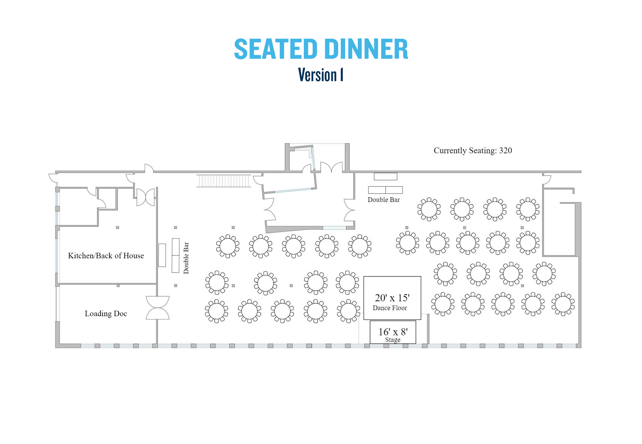 This layout can seat 320 guests, includes two separate double bars, as well as a stage and dance floor.