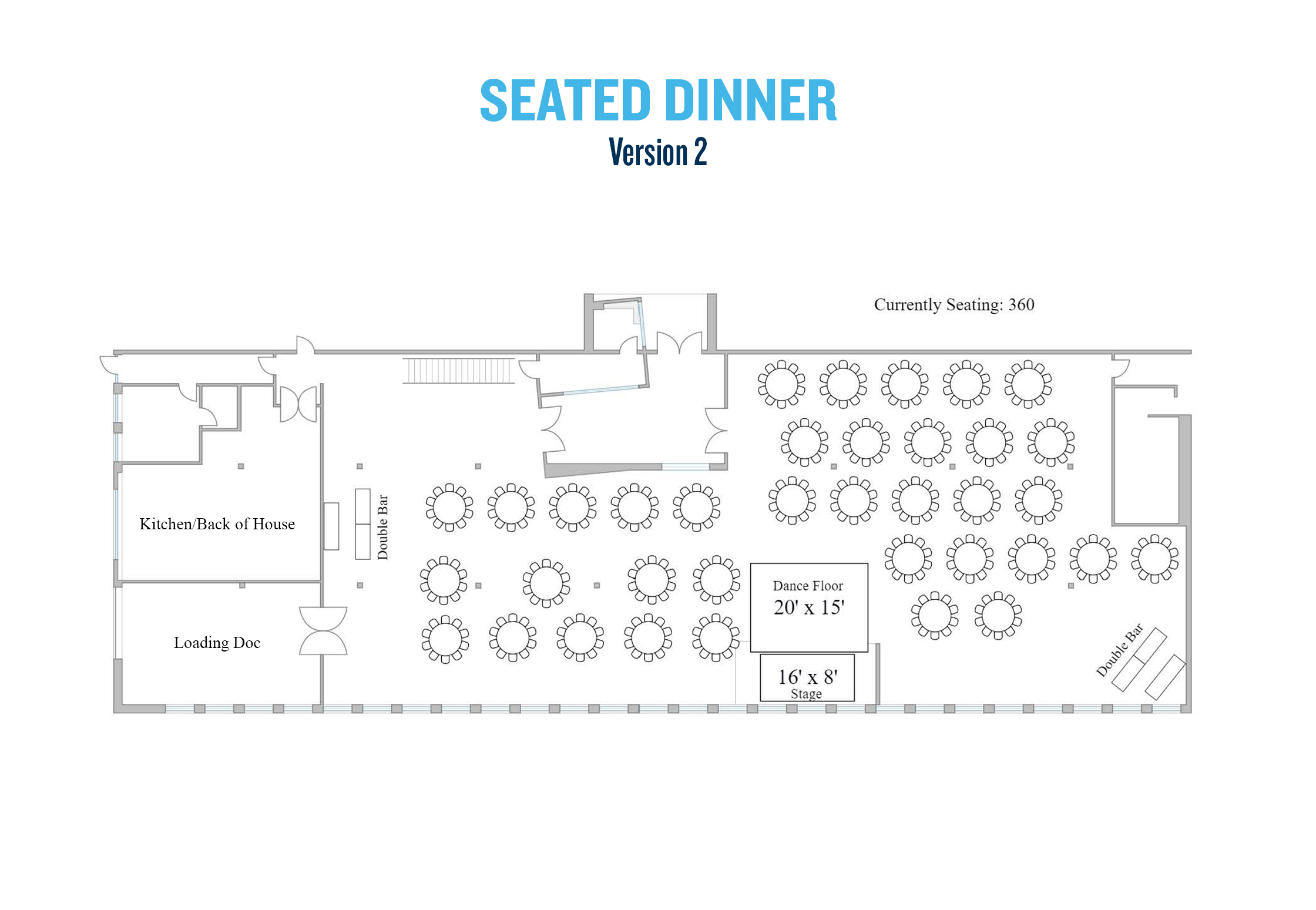 This layout can seat 360 guests which includes two separate double bars, a dance floor and stage.